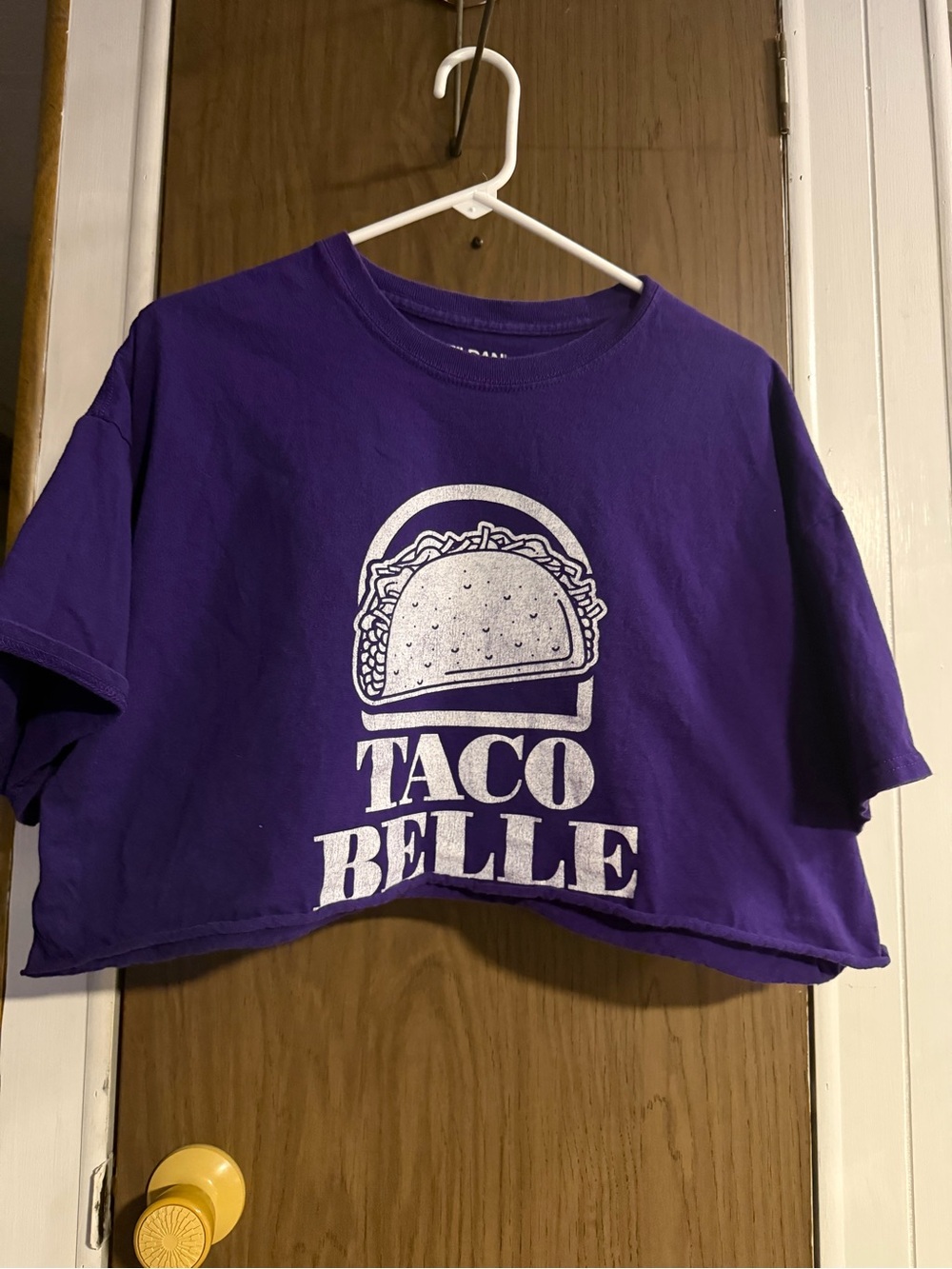 Gildan Purple Crop Tee with White Taco Belle Graphic